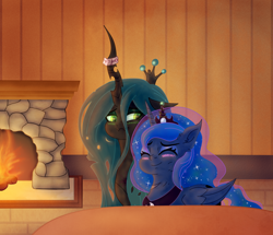 Size: 1250x1077 | Tagged: safe, artist:moonlightrift, princess luna, queen chrysalis, alicorn, changeling, changeling queen, pony, g4, blushing, chrysaluna, colored, crown, cuddling, female, fire, fireplace, jewelry, lesbian, love, regalia, shipping, snuggling