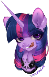 Size: 1897x2964 | Tagged: safe, artist:hakkerman, twilight sparkle, pony, unicorn, collaboration:too many twilight, g4, bust, collaboration, collar, ear fluff, high res, licking, licking lips, looking at you, portrait, simple background, solo, spiked collar, tongue out, white background