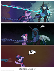 Size: 1200x1552 | Tagged: safe, artist:deusexequus, queen chrysalis, twilight sparkle, alicorn, changeling, changeling queen, pony, comic:fix, g4, chains, comic, duckery in the comments, female, open mouth, punish the villain, speech bubble, this will not end well, twilight sparkle (alicorn)
