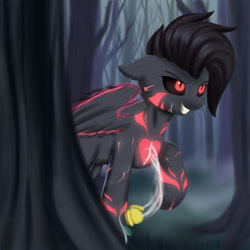 Size: 1280x1280 | Tagged: safe, artist:joaothejohn, oc, oc only, pegasus, pony, g4, hearthbreakers, darkness, evil, floppy ears, flower, fog, forest, pegasus oc, smiling, solo, sucking