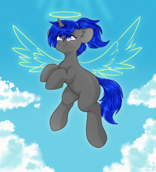 Size: 2000x2200 | Tagged: safe, artist:etoz, oc, oc only, oc:dream vezpyre, oc:dream², pony, unicorn, angelic, cloud, eyebrows, eyebrows visible through hair, female, flying, halo, happy, high res, horn, in memoriam, looking up, mare, sky, smiling, solo, spread wings, unicorn oc, wingding eyes, wings