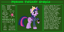 Size: 11720x6000 | Tagged: safe, artist:php170, twilight sparkle, alicorn, pony, fallout equestria, g4, bio, clothes, crown, cutie mark, fallout, fallout equestria: character guide, female, jewelry, jumpsuit, mare, open mouth, pipboy, raised hoof, reference sheet, regalia, s.p.e.c.i.a.l., solo, twilight sparkle (alicorn), vault suit, vector