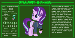 Size: 11720x6000 | Tagged: safe, artist:andoanimalia, artist:php170, starlight glimmer, pony, unicorn, fallout equestria, g4, bio, clothes, fallout, fallout equestria: character guide, female, happy, jumpsuit, mare, pipboy, reference sheet, s.p.e.c.i.a.l., solo, vault suit, vector