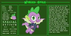Size: 11720x6000 | Tagged: safe, artist:andoanimalia, artist:php170, spike, dragon, fallout equestria, g4, bio, clothes, fallout, fallout equestria: character guide, jumpsuit, looking at you, male, open mouth, pipboy, reference sheet, s.p.e.c.i.a.l., solo, vault suit, vector, winged spike, wings