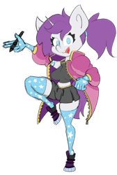 Size: 1114x1658 | Tagged: safe, artist:200cups, oc, oc:indigo wire, unicorn, anthro, unguligrade anthro, anthro oc, clothes, evening gloves, gloves, long gloves, looking at you, magic wand, midriff, simple background, skirt, smiling, socks, stockings, tank top, thigh highs, transparent background