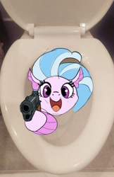 Size: 1181x1823 | Tagged: safe, artist:egil, silverstream, seapony (g4), g4, cute, delet this, diastreamies, gun, imminent flush, irl, looking at you, open mouth, photo, ponies in real life, solo, toilet, weapon