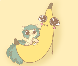 Size: 1291x1096 | Tagged: safe, artist:mushy, oc, oc only, oc:pea, pony, banana, chibi, eating, food, herbivore, nom, simple background, yellow background