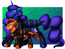 Size: 3509x2650 | Tagged: safe, artist:pridark, nightmare moon, oc, oc:fireheart(fire), alicorn, bat pony, hybrid, pegabat, pegasus, pony, g4, bat pony oc, bound wings, commission, cutie mark, duo, ethereal mane, fireheart76's latex suit design, high res, latex, latex suit, prisoners of the moon, starry mane, tail, tail wrap, wings