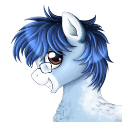 Size: 1200x1200 | Tagged: safe, artist:puggie, oc, oc only, oc:soaring spirit, pegasus, pony, blaze (coat marking), chest fluff, coat markings, facial markings, glasses, looking at you, male, simple background, smiling, smiling at you, solo, stallion