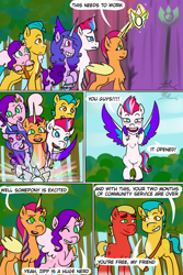 Size: 640x960 | Tagged: safe, artist:hitchpippetals, hitch trailblazer, izzy moonbow, pipp petals, sprout cloverleaf, sunny starscout, zipp storm, alicorn, earth pony, pegasus, pony, unicorn, comic:bridlewood library, g5, my little pony: a new generation, artificial horn, artificial wings, augmented, comic, female, horn, magic, magic horn, magic wings, male, mane five (g5), mare, new mane six (g5), race swap, stallion, sunnycorn, wings