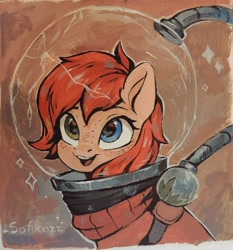 Size: 1006x1080 | Tagged: safe, artist:sofiko-ko, oc, oc only, oc:rusty gears, pony, cute, freckles, heterochromia, looking at you, ocbetes, open mouth, smiling, smiling at you, solo, spacesuit, sparkles, traditional art