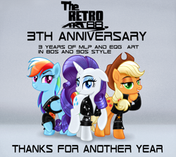 Size: 3250x2905 | Tagged: safe, artist:theretroart88, applejack, rainbow dash, rarity, earth pony, pegasus, pony, unicorn, g4, abstract background, anniversary, anniversary art, applejack's hat, clothes, colored pupils, cowboy hat, eyeshadow, female, floppy ears, folded wings, full body, grin, hat, high res, hoof on chin, horn, jacket, leather jacket, lidded eyes, looking at you, makeup, mare, one ear down, raised eyebrow, raised hoof, raised leg, smiling, smiling at you, standing, standing on two hooves, tail, trio, trio female, wings