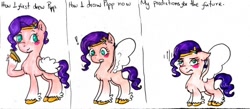 Size: 640x279 | Tagged: safe, artist:hitchpippetals, pipp petals, pegasus, pony, g5, my little pony: a new generation, exclamation point, pipp is short, simple background, squatpony, traditional art, white background