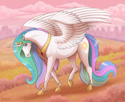 Size: 1280x1045 | Tagged: safe, artist:jenery, princess celestia, alicorn, pony, g4, cloud, female, field, grass, hoers, looking at you, mare, princess celestia is a horse, raised leg, sky, smiling, solo, sparkles, spread wings, walking, wings