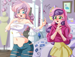 Size: 1280x989 | Tagged: safe, artist:shinta-girl, sweetie belle, oc, oc:golden sheen, equestria girls, g4, blushing, clothes, couple, human coloration, male to female, open mouth, ripping clothes, rule 63, transformation, transgender transformation