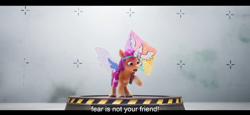 Size: 1600x738 | Tagged: safe, edit, edited screencap, screencap, earth pony, pony, g5, my little pony: a new generation, spoiler:my little pony: a new generation, english, english subtitles, fake alicorn, fake horn, fake wings, picket sign, protest, solo, stage, subtitles, testing area