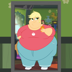 Size: 1440x1440 | Tagged: safe, artist:neongothic, applejack, equestria girls, g4, amplejack, applefat, bbw, belly, big belly, bingo wings, breasts, busty applejack, cellphone, chubby cheeks, cleavage, double chin, fat, fat boobs, fat fetish, female, fetish, morbidly obese, obese, phone, selfie, short hair, smartphone, smiling, solo, ssbbw, story included, thighs, thunder thighs, weight gain