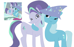 Size: 1881x1200 | Tagged: safe, artist:nitlynjane, starlight glimmer, trixie, pony, unicorn, celestial advice, g4, 1000 hours in ms paint, 2017, broken anatomy, clothes, cursed image, duo, female, hat, lesbian, looking at each other, looking at someone, old art, photo, scene interpretation, ship:startrix, shipping, simple background, smiling, trixie's hat, white background, xd