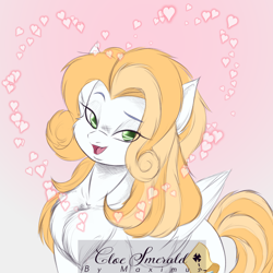 Size: 918x918 | Tagged: safe, artist:maximus, oc, oc only, oc:cloe smerald, pegasus, pony, chest fluff, eye clipping through hair, eyebrows, eyebrows visible through hair, female, floating heart, folded wings, gradient background, heart, looking at you, mare, no pupils, open mouth, open smile, raised eyebrow, smiling, smiling at you, solo, wings