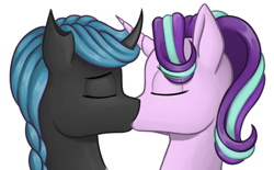 Size: 1094x677 | Tagged: safe, artist:stardustspix, starlight glimmer, oc, oc:protectress lilac, changeling, pony, unicorn, equestria at war mod, g4, canon x oc, duo, eyes closed, female, horn, kiss on the lips, kissing, lesbian, shipping, simple background, white background