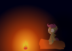 Size: 2913x2058 | Tagged: safe, artist:kehrminator, scootaloo, pegasus, pony, g4, black background, female, filly, fire, frown, high res, scared, scootalone, simple background, sitting, solo, spread wings, teeth, wings