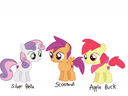 Size: 1280x960 | Tagged: safe, artist:chanyhuman, apple bloom, scootaloo, sweetie belle, earth pony, pegasus, pony, unicorn, g4, applebuck, bandana, colt, cute, cutie mark crusaders, deviantart, foal, group, male, my little colt, rule 63, scooteroll, silver bell, simple background, white background