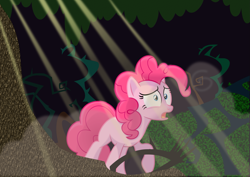 Size: 2913x2058 | Tagged: safe, artist:kehrminator, pinkie pie, earth pony, pony, g4, female, forest, high res, open mouth, raised hoof, scared, solo