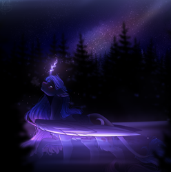 Size: 1489x1499 | Tagged: safe, artist:kat-the-true-kitkat, princess luna, alicorn, pony, g4, blue eyes, blue mane, crepuscular rays, feather, female, flowing mane, folded wings, galaxy, glowing, glowing horn, horn, leonine tail, looking up, magic, night, raised hoof, river, signature, silhouette, sky, solo, sparkles, stars, tail, tree, water, wings