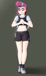 Size: 1200x2000 | Tagged: safe, artist:biocrine, zipp storm, human, g5, my little pony: a new generation, abs, bandage, clothes, cutie mark, cutie mark on clothes, gym shorts, humanized, looking at you, midriff, mohawk, shoes, shorts, sidecut, sneakers, socks