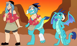 Size: 1280x768 | Tagged: safe, artist:detectivecoon, princess ember, dragon, human, g4, character to character, clothes, dragon lands, food, gritted teeth, human oc, human to dragon, ice cream, licking, one eye closed, tongue out, torn clothes, transformation, transformation sequence