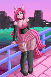 Size: 1800x2700 | Tagged: safe, artist:zachc, pinkie pie, earth pony, anthro, g4, big breasts, boots, breasts, clothes, dress, female, looking away, pinkamena diane pie, shoes, solo