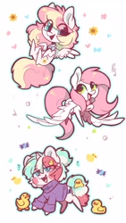 Size: 2309x4096 | Tagged: safe, artist:oofycolorful, oc, oc only, oc:cottonsweets, oc:ninny, oc:sugar morning, pegasus, pony, unicorn, bowtie, chibi, clothes, female, flying, looking at each other, looking at someone, microphone, simple background, sweater