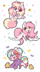 Size: 2309x4096 | Tagged: safe, artist:oofycolorful, oc, oc only, oc:cottonsweets, oc:ninny, oc:sugar morning, pegasus, pony, unicorn, bowtie, chibi, clothes, eye clipping through hair, female, flying, looking at each other, looking at someone, microphone, simple background, sweater, white background