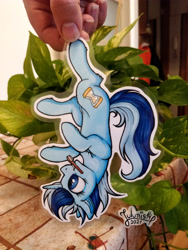 Size: 3456x4608 | Tagged: safe, artist:julunis14, minuette, pony, unicorn, g4, commission, crotchboobs, female, mare, mouth hold, nudity, paper pony, photo, solo, teats, toothbrush, traditional art, upside down
