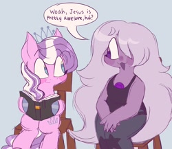 Size: 2048x1776 | Tagged: safe, artist:lemoocado, diamond tiara, earth pony, gem (race), pony, g4, amethyst, amethyst (steven universe), bible study, book, christianity, crossover, dialogue, duo, duo female, female, filly, foal, gem, quartz, religion, religious headcanon, simple background, smiling, steven universe, wat