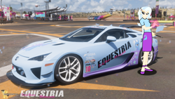 Size: 3840x2160 | Tagged: safe, artist:forzaveteranenigma, trixie, human, fanfic:equestria motorsports, equestria girls, g4, car, clothes, female, flats, forza horizon 5, frown, glowing hands, high res, human coloration, lexus, lexus lfa, livery, looking at you, magic, magic aura, magic wand, shoes, skirt, supercar, watermark