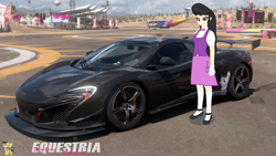 Size: 3840x2160 | Tagged: safe, artist:forzaveteranenigma, octavia melody, fanfic:equestria motorsports, equestria girls, car, clothes, flats, forza horizon 5, frown, high res, human coloration, livery, mclaren, mclaren 650s, shoes, skirt, socks, supercar, watermark