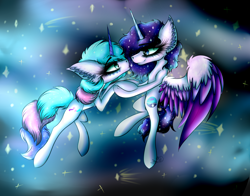 Size: 4000x3131 | Tagged: safe, artist:beamybutt, alicorn, pony, unicorn, aurora borealis, commission, duo, ear fluff, ethereal mane, eyelashes, female, flying, mare, starry mane, ych result