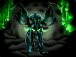 Size: 5977x4487 | Tagged: safe, artist:beamybutt, queen chrysalis, changeling, changeling queen, g4, cave, cocoon, crown, female, glowing, glowing eyes, jewelry, regalia, solo, sombra eyes