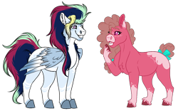 Size: 1354x847 | Tagged: safe, artist:beamybutt, oc, oc only, earth pony, pegasus, pony, collaboration, colored hooves, duo, ear fluff, earth pony oc, female, male, mare, pegasus oc, raised hoof, simple background, stallion, tail, tail wrap, transparent background