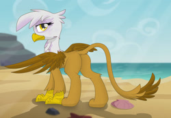 Size: 1280x887 | Tagged: safe, artist:pzkratzer, gilda, griffon, g4, back, beach, butt, cute, plot, solo, spread wings, wings