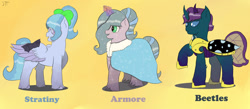 Size: 1280x557 | Tagged: safe, artist:schumette14, oc, oc:armore, oc:beetles, oc:stratiny, changepony, crystal pony, hybrid, pegasus, pony, unicorn, blind, next generation, offspring, parent:flitter, parent:king sombra, parent:party favor, parent:pharynx, parent:princess luna, parent:radiant hope, parents:flifavor, parents:hopebra, parents:lunarynx