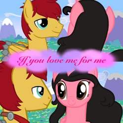 Size: 852x854 | Tagged: safe, artist:wavebreeze234, flash magnus, oc, oc:rose werly, alicorn, pegasus, pony, g4, alicorn oc, canon x oc, female, horn, male, mountain, pink text, smiling, straight, text, wings