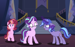 Size: 4000x2500 | Tagged: safe, artist:just-silvushka, starlight glimmer, oc, oc:daydream glimmer, oc:pandora, pony, unicorn, g4, angry, base used, female, glasses, glowing, glowing horn, horn, magical lesbian spawn, mare, offspring, parent:sunset shimmer, parent:twilight sparkle, parents:sunsetsparkle, sombra eyes