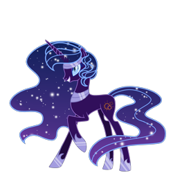 Size: 2500x2500 | Tagged: safe, artist:just-silvushka, oc, oc only, oc:enigma, pony, unicorn, base used, concave belly, ethereal mane, female, grin, high res, hoof shoes, horn, mare, nightmarified, raised hoof, simple background, slender, smiling, starry mane, thin, transparent background, unicorn oc