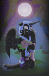 Size: 1024x1580 | Tagged: safe, artist:liv-and-b-merry, nightmare moon, spike, alicorn, dragon, pony, g4, blue eyes, canterlot, commission, crying, eyelashes, eyes closed, feather, female, flowing mane, hoof shoes, horn, male, moon, moonlight, night, sad, stars, teary eyes, teeth, water, wings