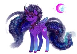 Size: 1280x905 | Tagged: safe, artist:brot-art, oc, oc only, alicorn, pony, alicorn oc, black sclera, concave belly, crown, curved horn, ethereal mane, ethereal tail, eyelashes, female, galaxy mane, heterochromia, hooves, horn, jewelry, magical lesbian spawn, mare, offspring, parent:nightmare moon, parent:twilight sparkle, parents:twimoon, peytral, regalia, simple background, slender, solo, starry mane, starry tail, tail, thin, transparent background, wings