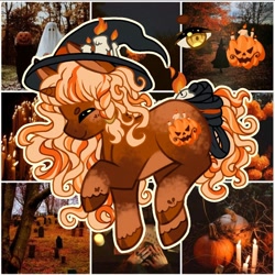 Size: 1280x1280 | Tagged: safe, artist:brot-art, oc, oc only, pony, unicorn, candle, female, halloween, hat, holiday, hoof polish, horn, jack-o-lantern, mare, pumpkin, raised hoof, smiling, solo, unicorn oc, witch hat