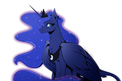 Size: 6000x4000 | Tagged: safe, artist:luzreal, princess luna, alicorn, pony, g4, blue eyes, blue mane, blue tail, chest fluff, digital art, ethereal mane, ethereal tail, eyelashes, female, flowing mane, flowing tail, folded wings, horn, looking at you, mare, signature, simple background, sitting, solo, sparkles, starry mane, starry tail, stars, tail, transparent background, wings