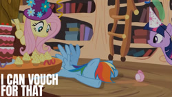 Size: 1280x720 | Tagged: safe, edit, edited screencap, editor:quoterific, screencap, fluttershy, rainbow dash, twilight sparkle, alicorn, pegasus, pony, daring don't, g4, season 4, birthday cake, cake, cupcake, faceplant, female, food, golden oaks library, mare, twilight sparkle (alicorn)